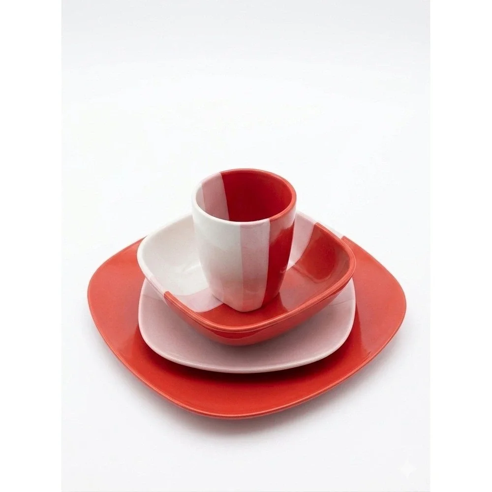 Gibson Home Surreal‎ Hues Square Dinnerware Set Red White Color Block 4pc Set